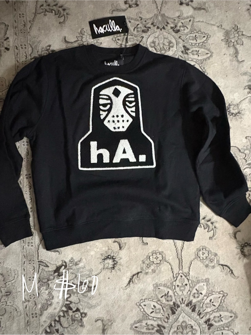 hA. Black Graphic Crewneck Sweater by